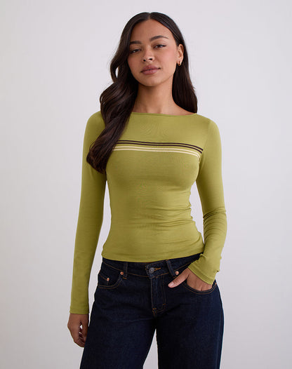 Amabon Long Sleeve Top in Cress Green Stripe