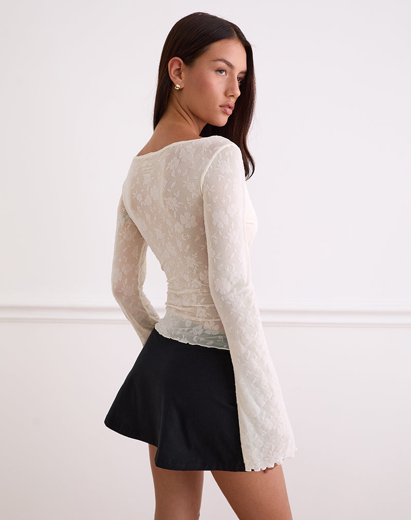 Aqsa Long Sleeve Top in Floral Flock Cream