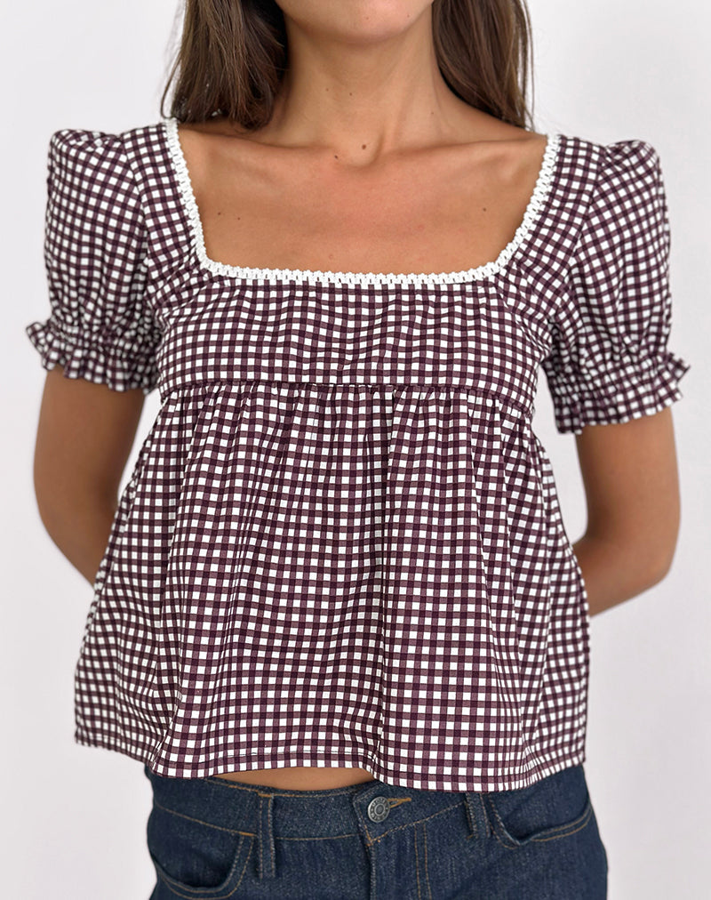 Axoni Square Neck Blouse in Mini Gingham Wine