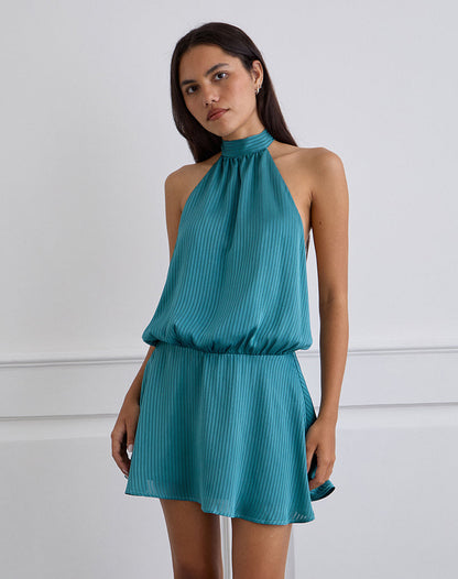 Davina Mini Dress in Stripe Satin Teal
