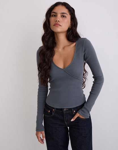 Dulcet Ribbed Plunge Long Sleeve Top in Blue Granite