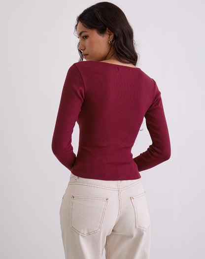 Dulcet Ribbed Plunge Long Sleeve Top in Burgundy