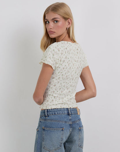Luyu Short Sleeve Top in Floral Lace Ivory
