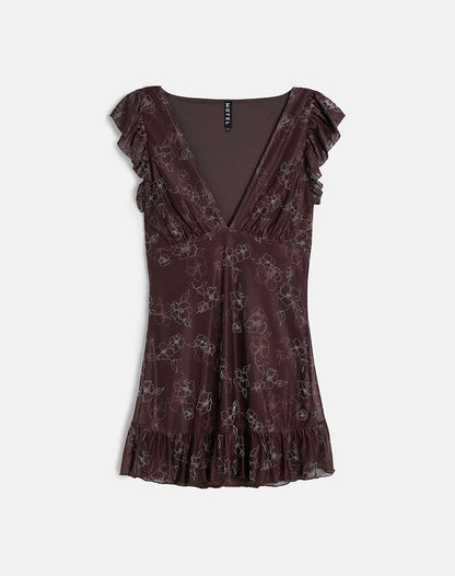 Motarika Mini Dress in Doodle Flower Flock Brown