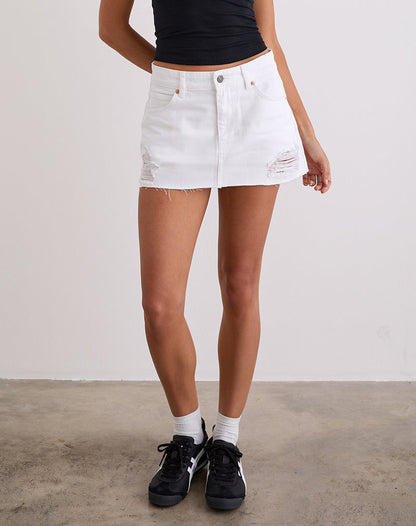 Ripped Raw Hem Denim Mini Skirt in True White