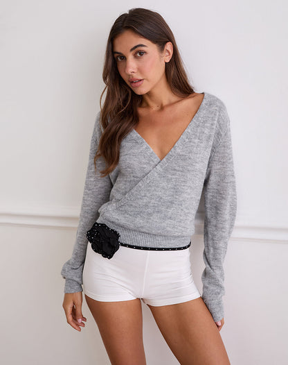 Saroya Plunge Wrap Top in Knit Grey