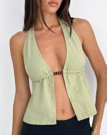 Syrma Backless Halter Top in Linen Sage Green